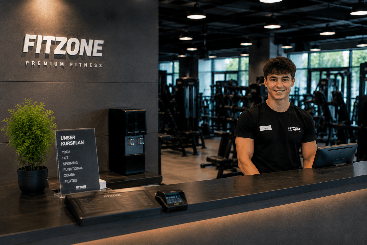 Jugendlicher arbeitet an einer Fitnessstudio-Rezeption