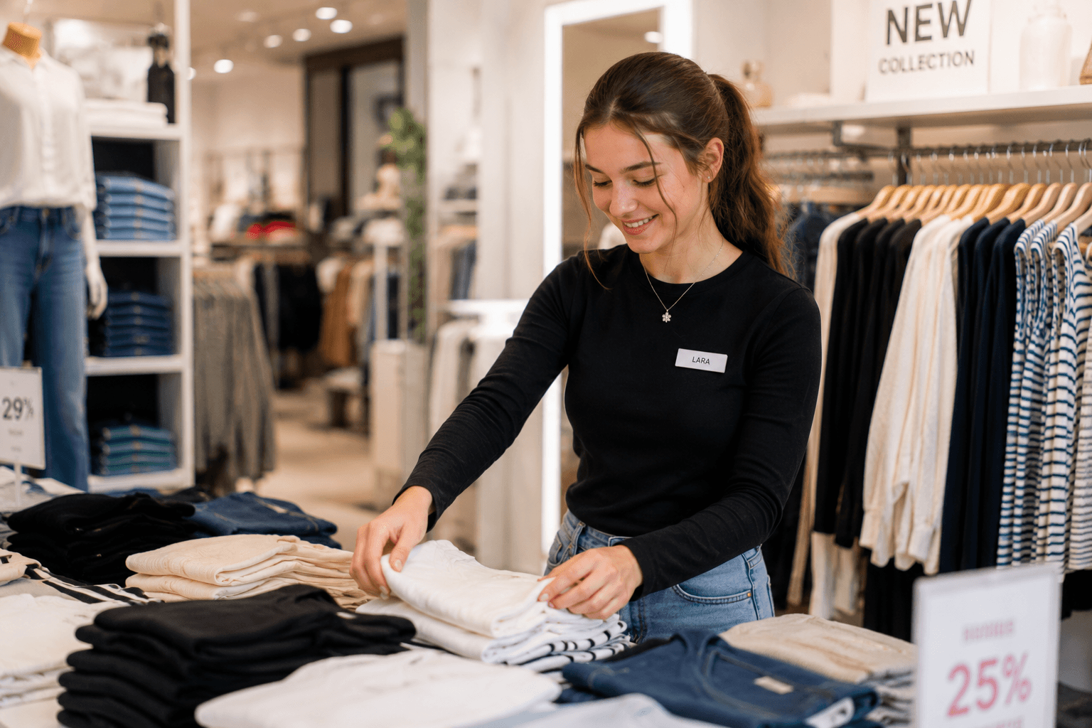 Schülerin sortiert Kleidung in einem Laden